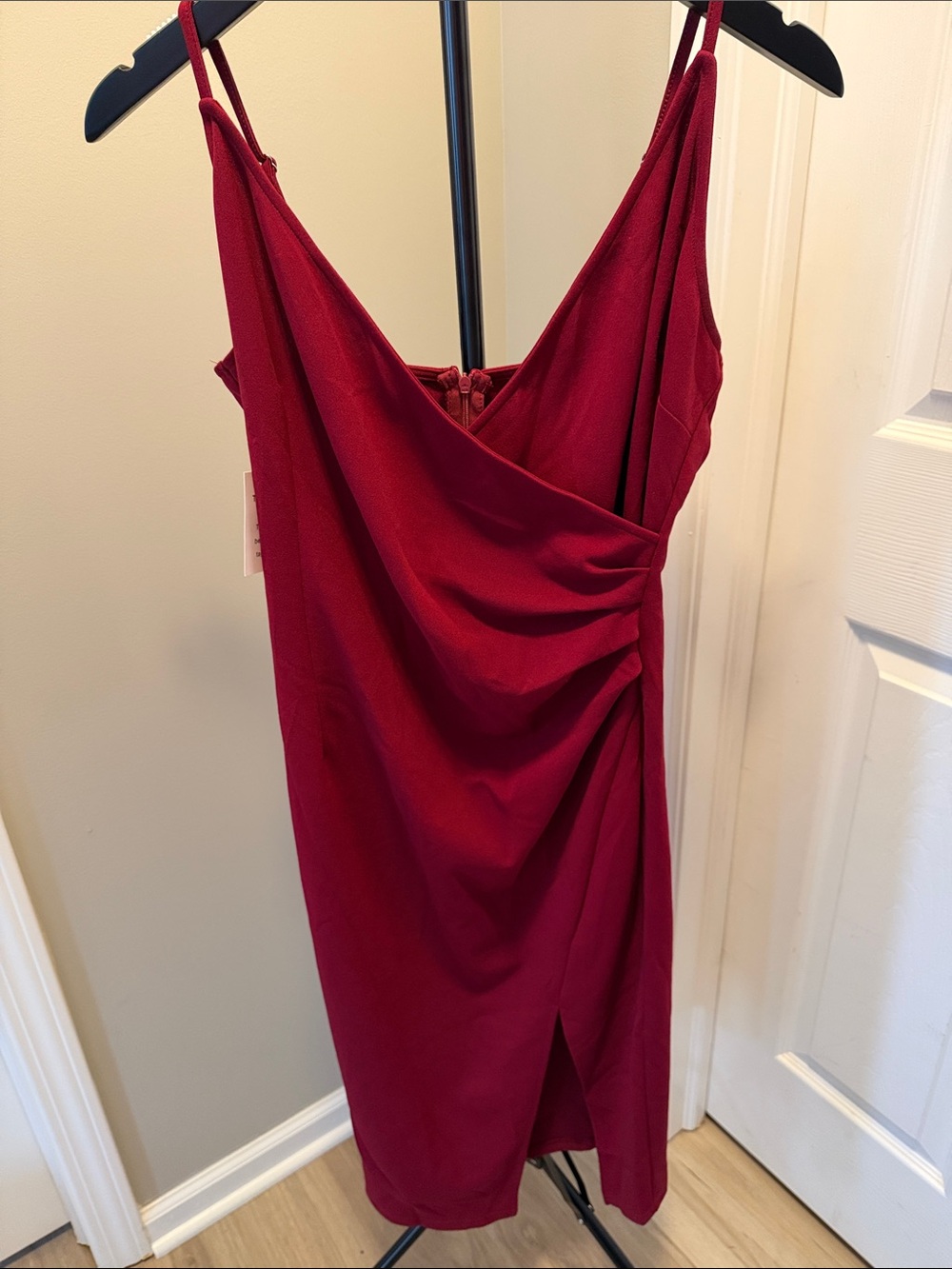 Wine Red Draped Midi Slip Dress with V-Neck